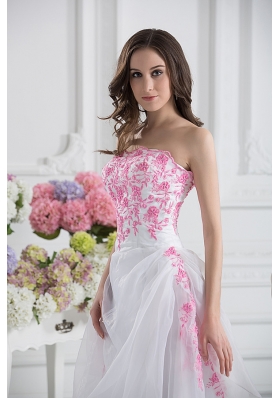 A-line Strapless White Organza Tea-length Prom Dress with Appliques