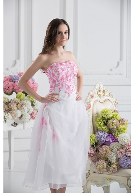 A-line Strapless White Organza Tea-length Prom Dress with Appliques