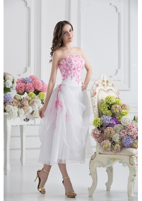 A-line Strapless White Organza Tea-length Prom Dress with Appliques