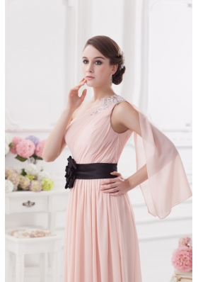 Baby Pink Empire One Shoulder Prom Dress with Ruching and Handle Made Flower