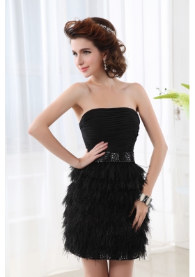 Black Column Strapless Sleeveless Mini-lengthProm Dress with Beading and Ruching