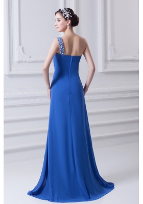 Blue One Shoulder Column Prom Dress with Beading and High Slit