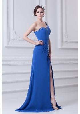 Blue One Shoulder Column Prom Dress with Beading and High Slit