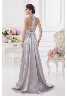 Column Halter top High Slit Beading Prom Dress in Light Grey