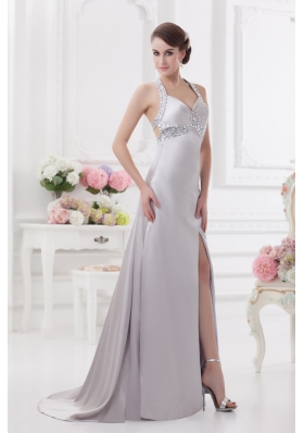 Column Halter top High Slit Beading Prom Dress in Light Grey