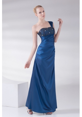 Column Navy Blue Beading and Ruching Beading Taffeta Prom Dress