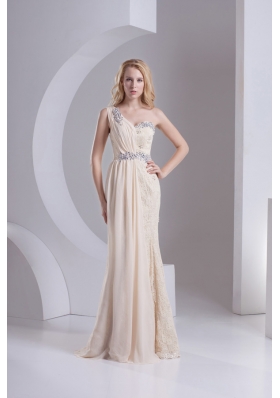 Column One Shoulder Chiffon and Lace Beading Ruching Ivory Prom Dress