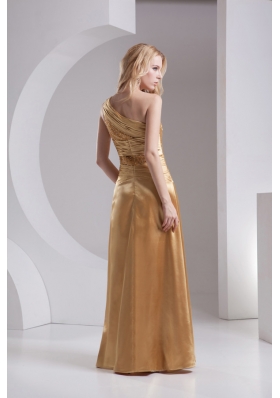 Column One Shoulder High Slit Beading Ruching Taffeta Prom Dress in Gold