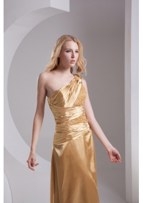 Column One Shoulder High Slit Beading Ruching Taffeta Prom Dress in Gold