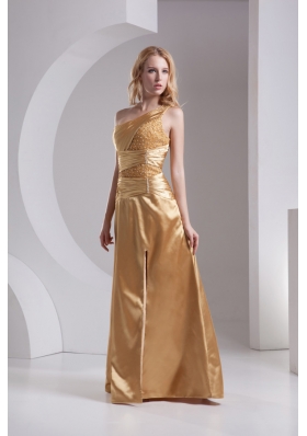 Column One Shoulder High Slit Beading Ruching Taffeta Prom Dress in Gold