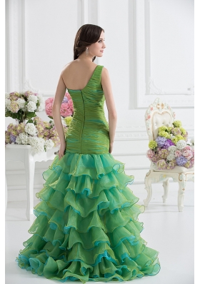 Column One Shoulder Organza Green Prom Dress with Appliques and Ruffed Layers