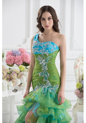 Column One Shoulder Organza Green Prom Dress with Appliques and Ruffed Layers