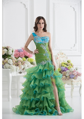 Column One Shoulder Organza Green Prom Dress with Appliques and Ruffed Layers