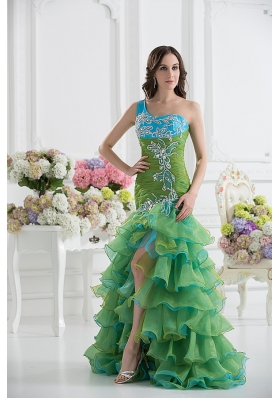 Column One Shoulder Organza Green Prom Dress with Appliques and Ruffed Layers