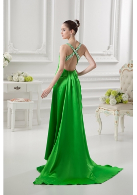 Column Straps Ruching and Beading High Slit Taffeta Prom Dress