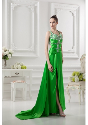 Column Straps Ruching and Beading High Slit Taffeta Prom Dress