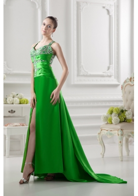 Column Straps Ruching and Beading High Slit Taffeta Prom Dress