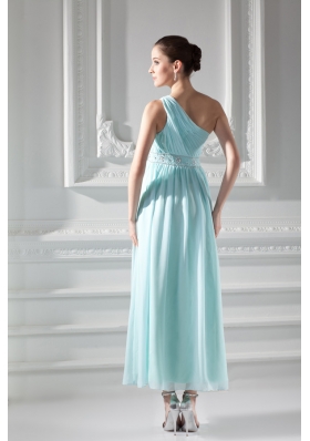 Empire Light Blue One Shoulder Beading and Ruching Prom Dress