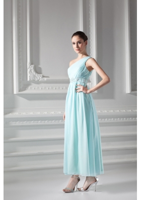 Empire Light Blue One Shoulder Beading and Ruching Prom Dress