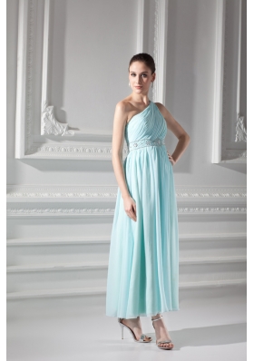 Empire Light Blue One Shoulder Beading and Ruching Prom Dress