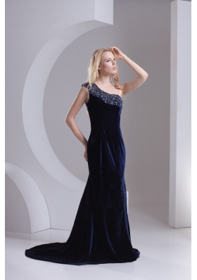 Empire One Shoulder Black Beading Zipper-up Prom Dress