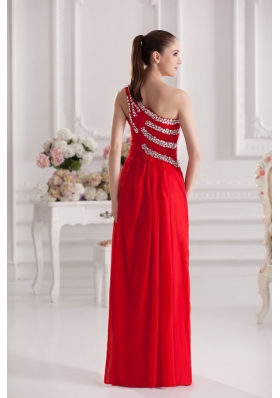 Empire One Shoulder Floor-length Beading Red Prom Dress