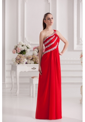 Empire One Shoulder Floor-length Beading Red Prom Dress