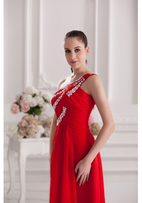 Empire One Shoulder Floor-length Beading Red Prom Dress