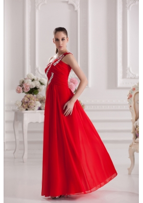 Empire One Shoulder Floor-length Beading Red Prom Dress