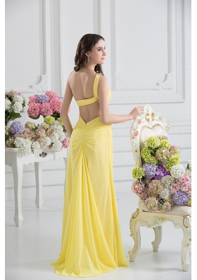 Empire One Shoulder Yellow Chiffon with Beading and Ruching Prom Dress