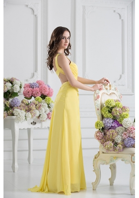 Empire One Shoulder Yellow Chiffon with Beading and Ruching Prom Dress