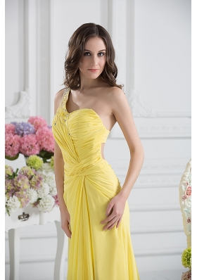 Empire One Shoulder Yellow Chiffon with Beading and Ruching Prom Dress