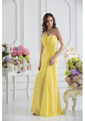 Empire One Shoulder Yellow Chiffon with Beading and Ruching Prom Dress