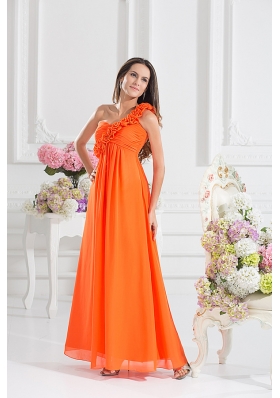 Empire Ruching Hand Make Flowers Orange Red Prom Dress