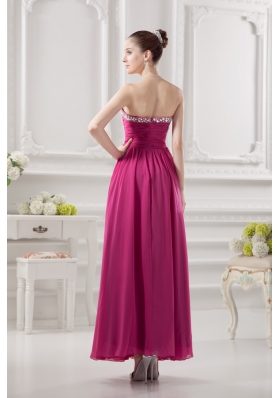 Empire Strapless Ankle-length Beading Chiffon Hot Pink Prom Dress