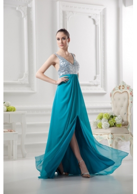 Empire Straps High Slit Pailette Teal Chiffon Prom Dress