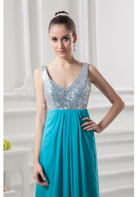 Empire Straps High Slit Pailette Teal Chiffon Prom Dress