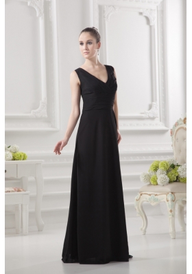 Empire V-neck Floor-length Ruching Black Prom Dress