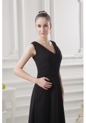 Empire V-neck Floor-length Ruching Black Prom Dress