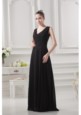 Empire V-neck Floor-length Ruching Black Prom Dress