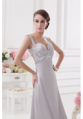 Light Grey Straps Column Prom Dress with Beading and Ruching