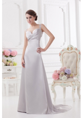 Light Grey Straps Column Prom Dress with Beading and Ruching