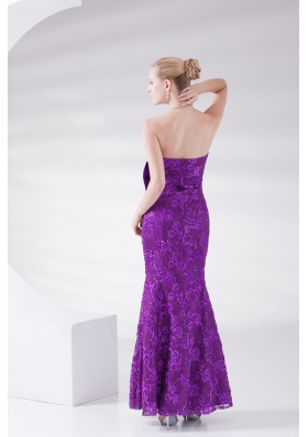 Mermaid Eggplant Purple Strapless Lace Sashes Ankle-length Prom Dress