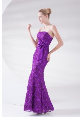 Mermaid Eggplant Purple Strapless Lace Sashes Ankle-length Prom Dress