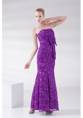 Mermaid Eggplant Purple Strapless Lace Sashes Ankle-length Prom Dress