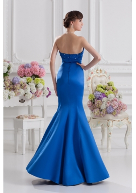 Mermaid Strapless Blue Prom Dress with Ruching and Beading