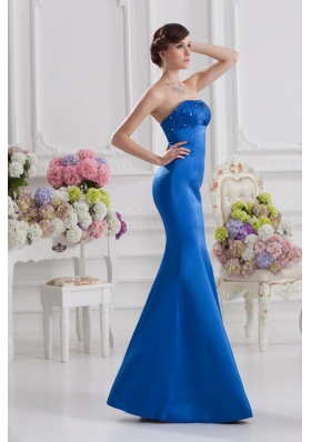 Mermaid Strapless Blue Prom Dress with Ruching and Beading