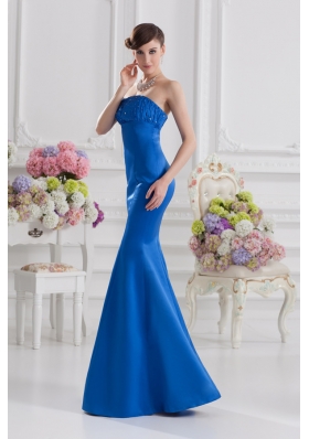 Mermaid Strapless Blue Prom Dress with Ruching and Beading