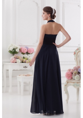 Navy Blue Halter top Long Prom Dress with Ruching and Lace