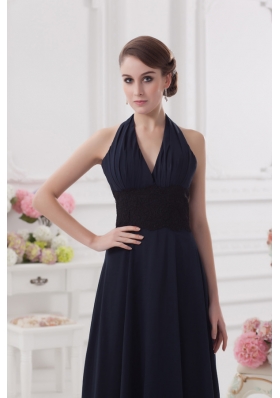 Navy Blue Halter top Long Prom Dress with Ruching and Lace